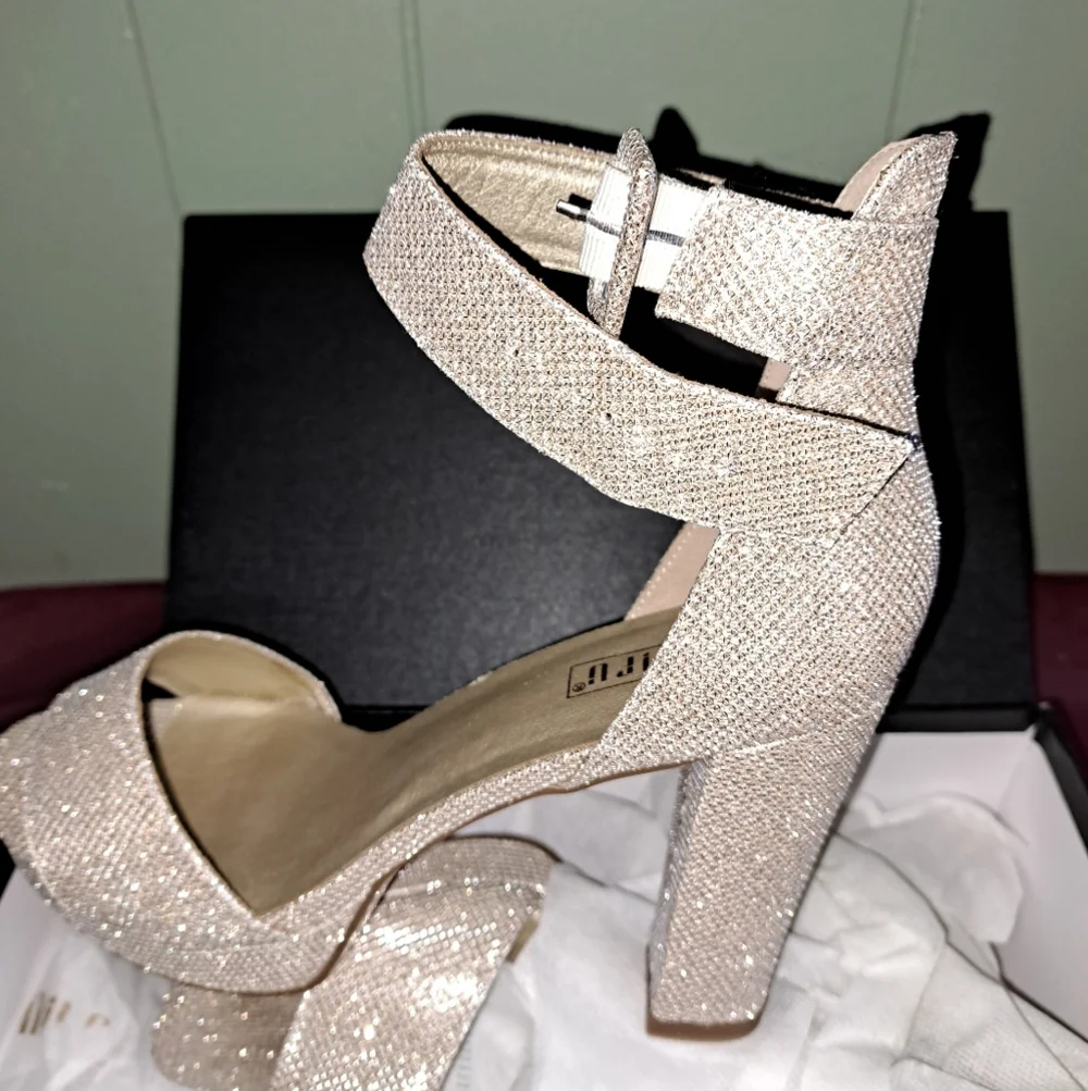 Gold Platform Shoes with Chunky Heel and Ankle Strap